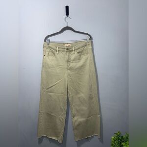 OAT NEW YORK Denim Jean Cropped Wide Leg Lt Olive Green Distressed Raw Hem 10/30